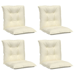 Set of four cream polyester cushions for lowback garden chairs with tufted design.
