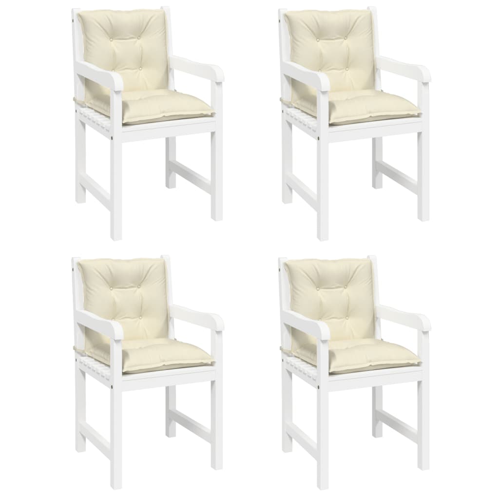 Set of four cream polyester cushions for lowback garden chairs with soft filling and straps.