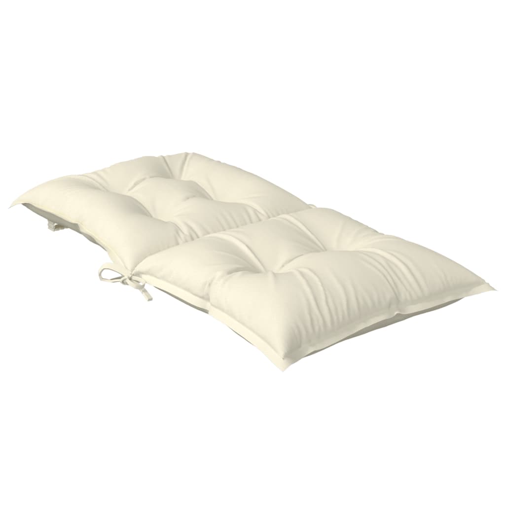 Four cream polyester cushions for lowback garden chairs with tufted design and ties