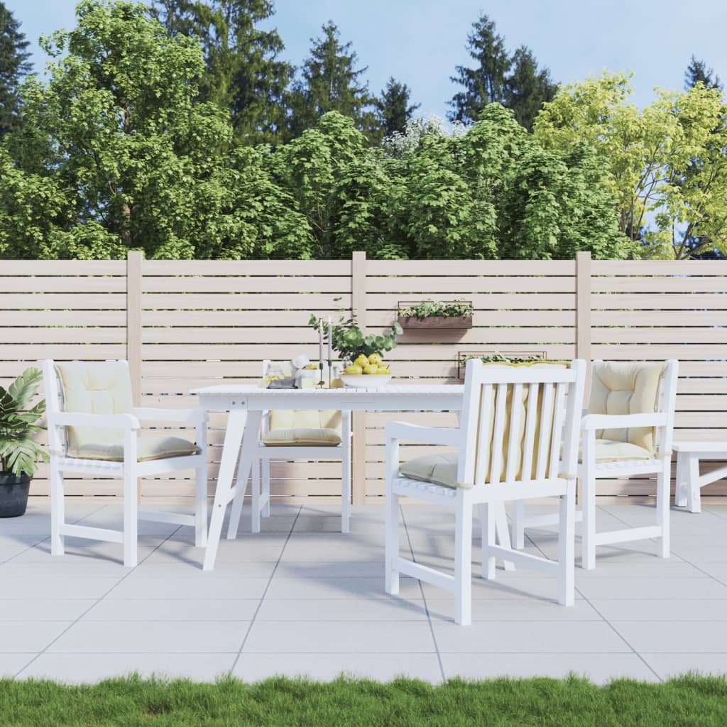 Set of four cream polyester cushions for lowback garden chairs with straps and soft filling.