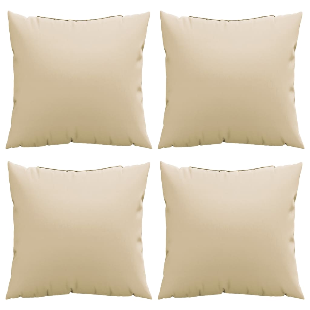 Four beige polyester throw pillows, 23.6x23.6 inches, with soft filling and water-resistant fabric.