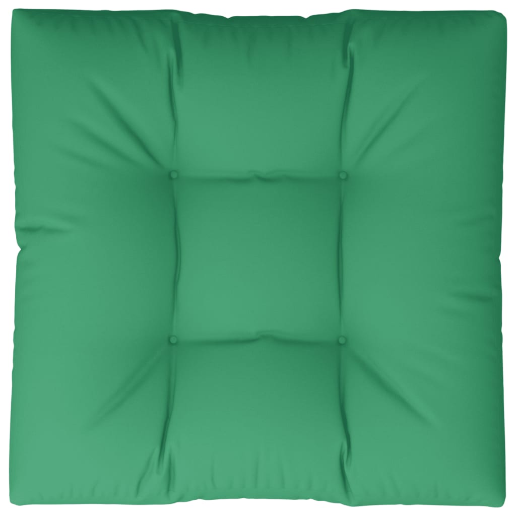 Square green polyester pallet cushion, 31.5x31.5x4.7 inches, with tufted center.
