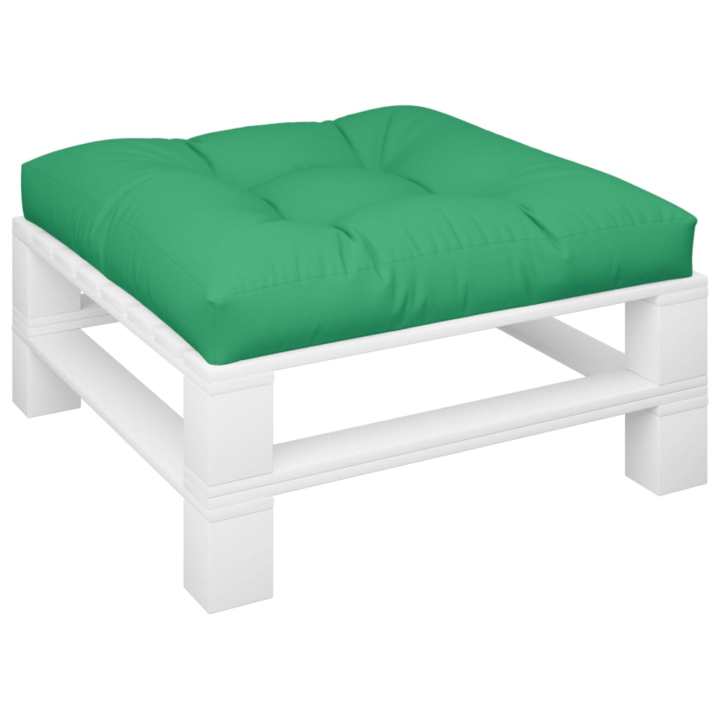 Green polyester pallet cushion, 31.5x31.5x4.7 inches, with tufted square top.