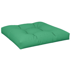 Square green polyester pallet cushion measuring 31.5x31.5x4.7 inches with tufted design.