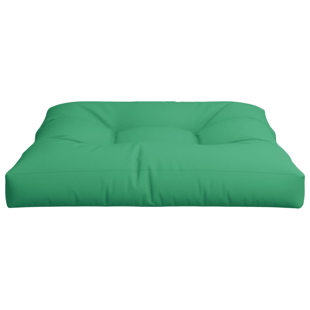 Green polyester pallet cushion, 31.5x31.5x4.7 inches, square with tufted center.