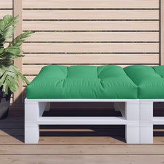 Green polyester pallet cushion, 31.5x31.5x4.7 inches, on white pallet with plants.