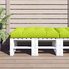 Bright green polyester pallet cushion, 47.2x31.5x4.7 inches, on white pallet bench outdoors.
