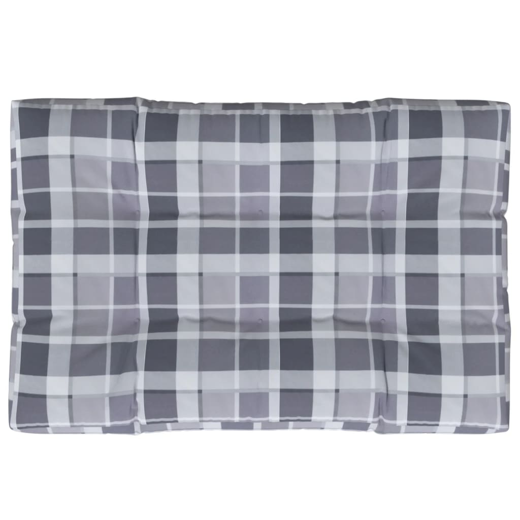 Gray check pattern polyester pallet cushion, 47.2x31.5x4.7 inches, with corner ties.