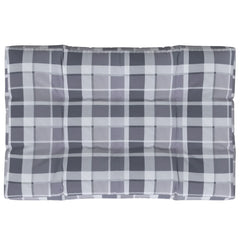 Gray check pattern polyester pallet cushion, 47.2x31.5x4.7 inches, with corner ties.