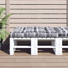 Gray check pattern polyester pallet cushion, 47.2x31.5x4.7 inches, on white pallet bench.