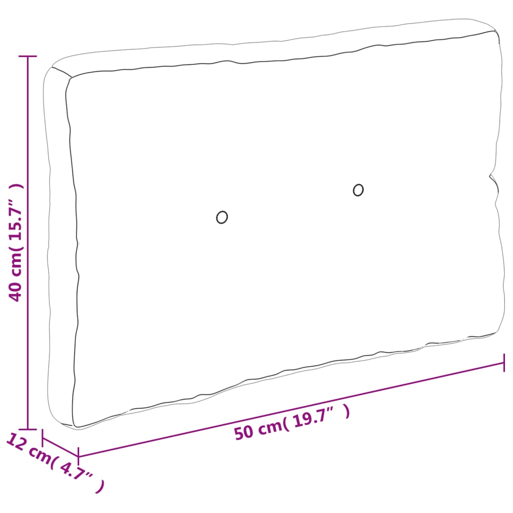 A white rectangular cushion with dimensions of 50 cm (19.7") long, 40 cm (15.7") high, and 12 cm (4.7") deep.