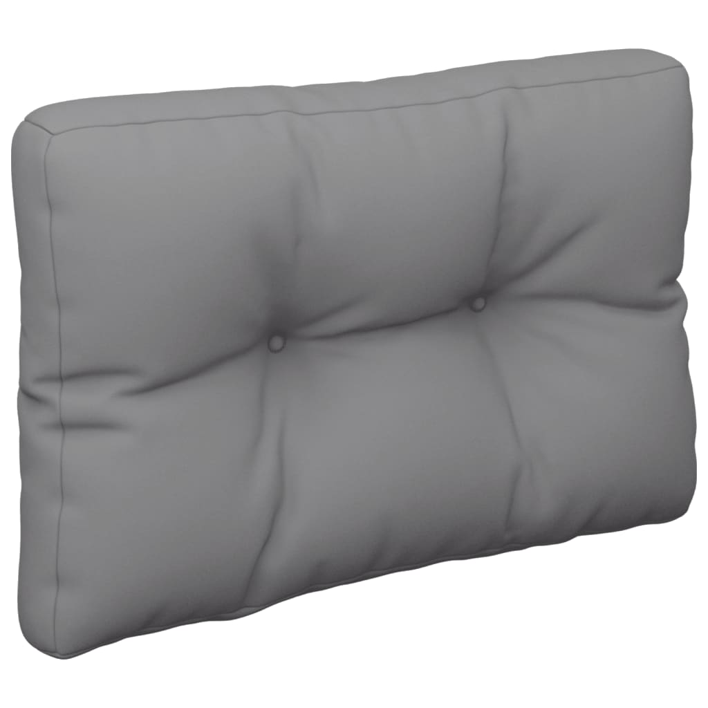 A rectangular gray tufted cushion is shown at an angle.