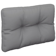 A rectangular gray tufted cushion is shown at an angle.