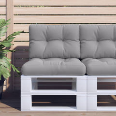 Gray polyester pallet cushions set with two 19.7-inch square seats and backrests on a white pallet sofa.