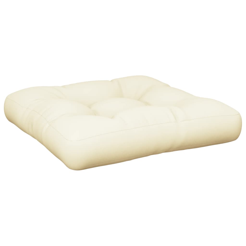 Cream polyester pallet cushions set with two square pieces, featuring tufted design.