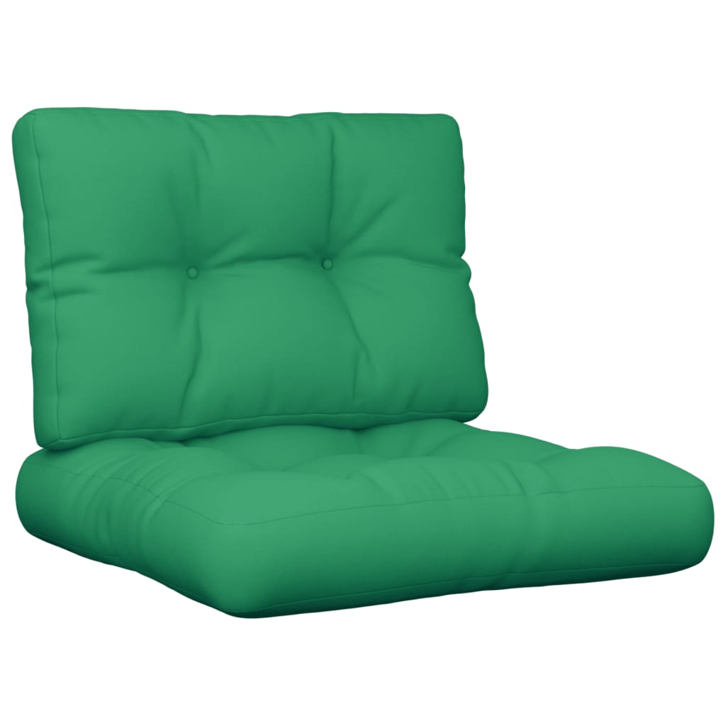 Two green polyester pallet cushions, one for the back and one for the seat.