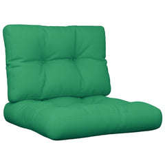 Two green polyester pallet cushions, one for the back and one for the seat.