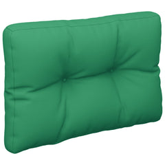 A two-piece set of green polyester pallet cushions, including a square seat and rectangular back pad.
