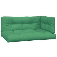 Three-piece green polyester pallet cushion set with seat, back, and side cushions.