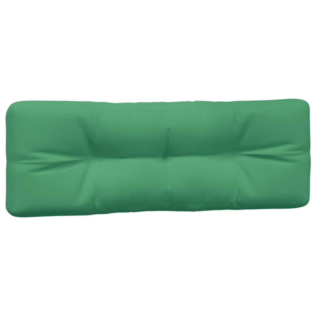 Three-piece green polyester pallet cushion set with seat, back, and side cushions.