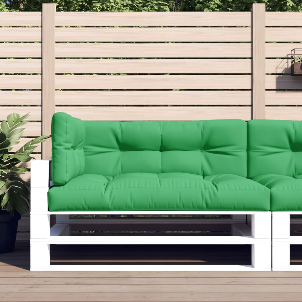 Three-piece green polyester cushion set for pallet sofa, including seat, back, and side cushions.