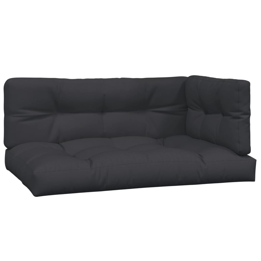 Black 3-piece pallet cushion set with water-resistant polyester and soft filling for comfort.