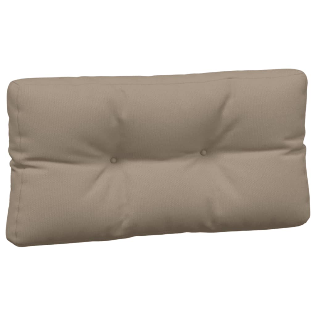 Taupe polyester pallet cushion with button tufting, rectangular and soft for outdoor use.