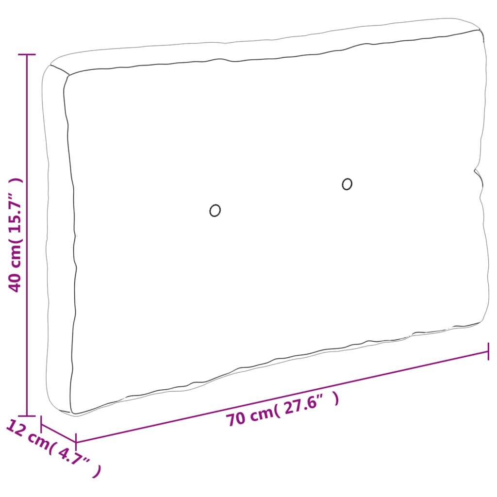 Diagram of taupe polyester pallet cushions set: seat 120x70x12cm, back 120x40x12cm, side 70x40x12cm.