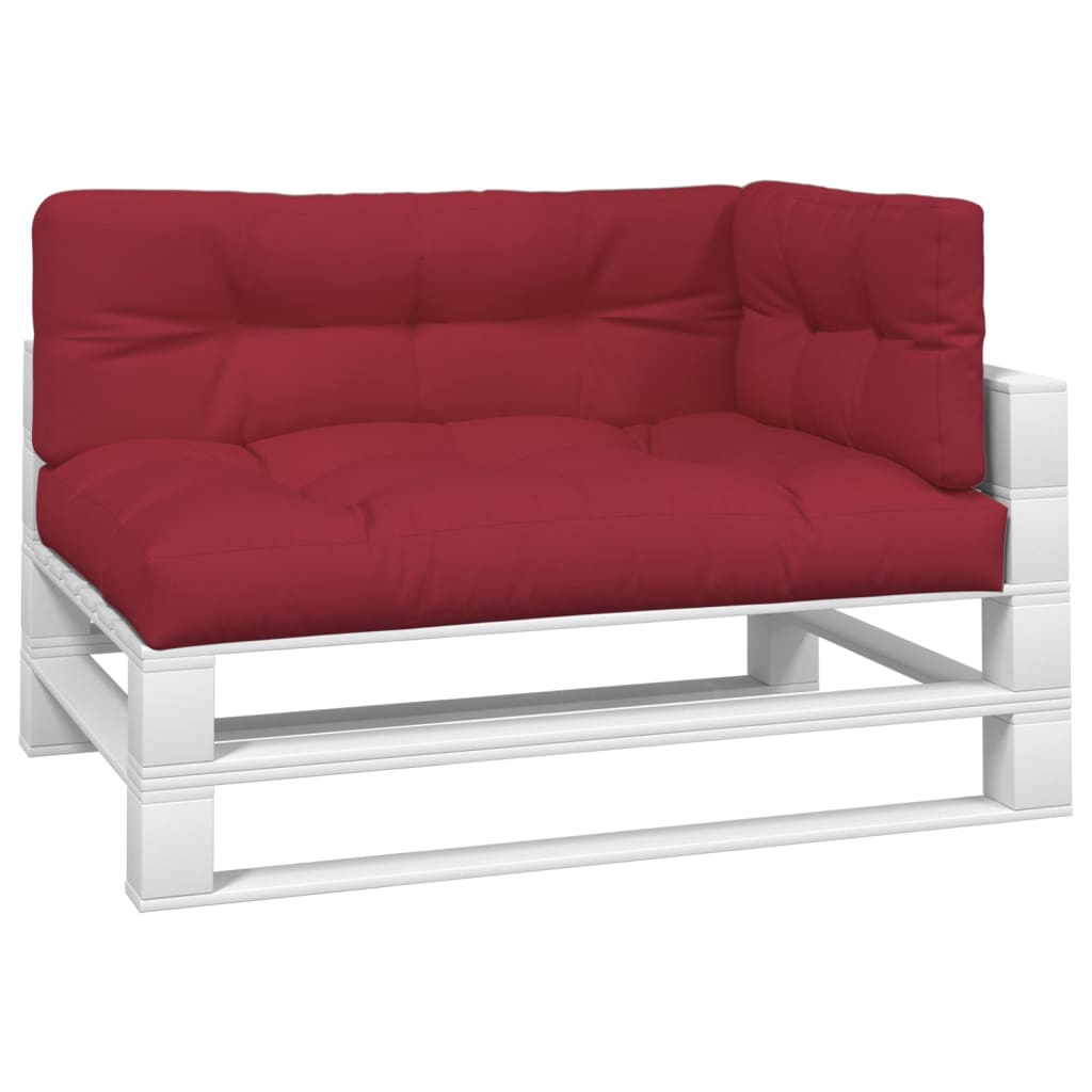 Wine red polyester pallet cushions set of three with soft filling and UV-resistant fabric.