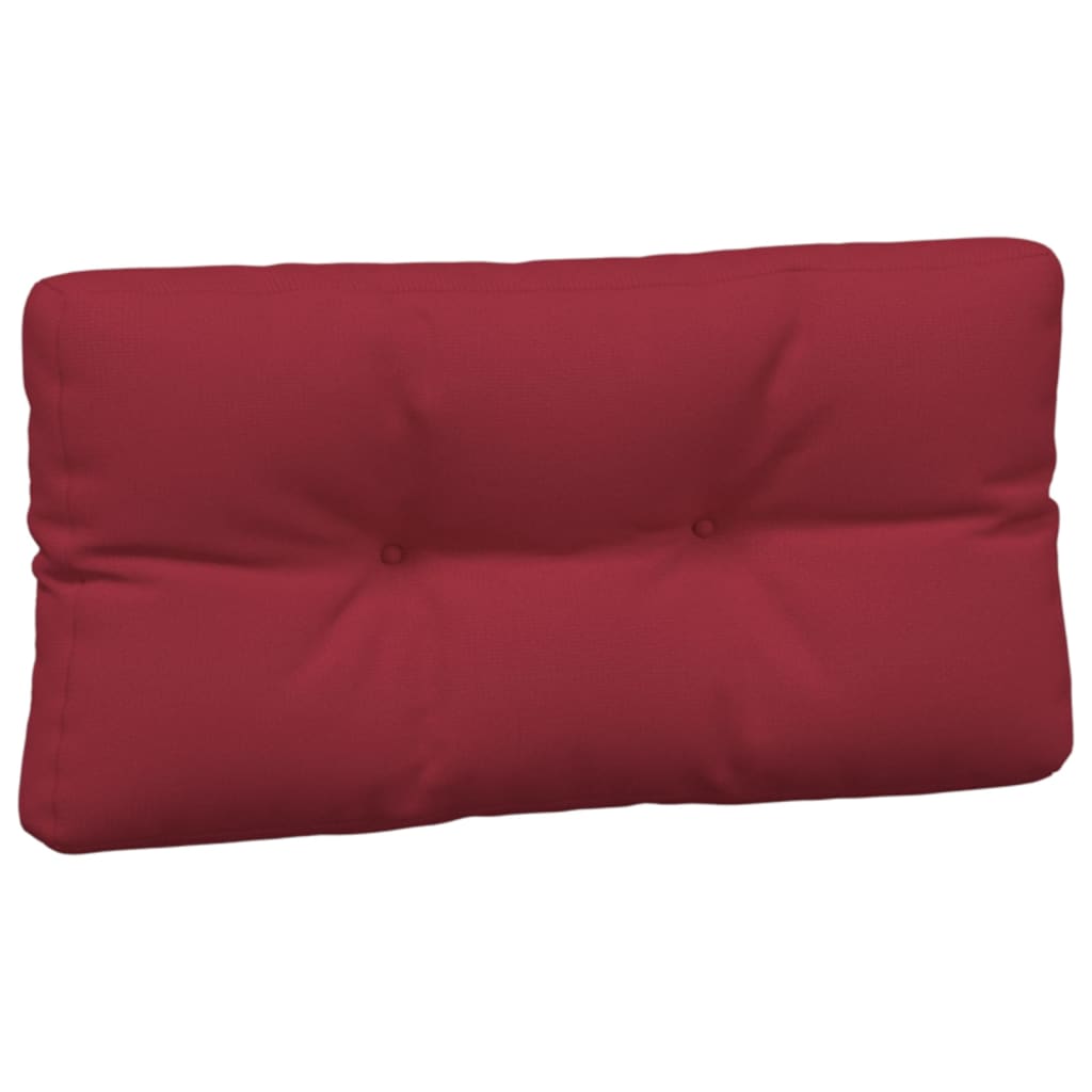 Three wine red pallet cushions made of durable polyester fabric with soft filling.