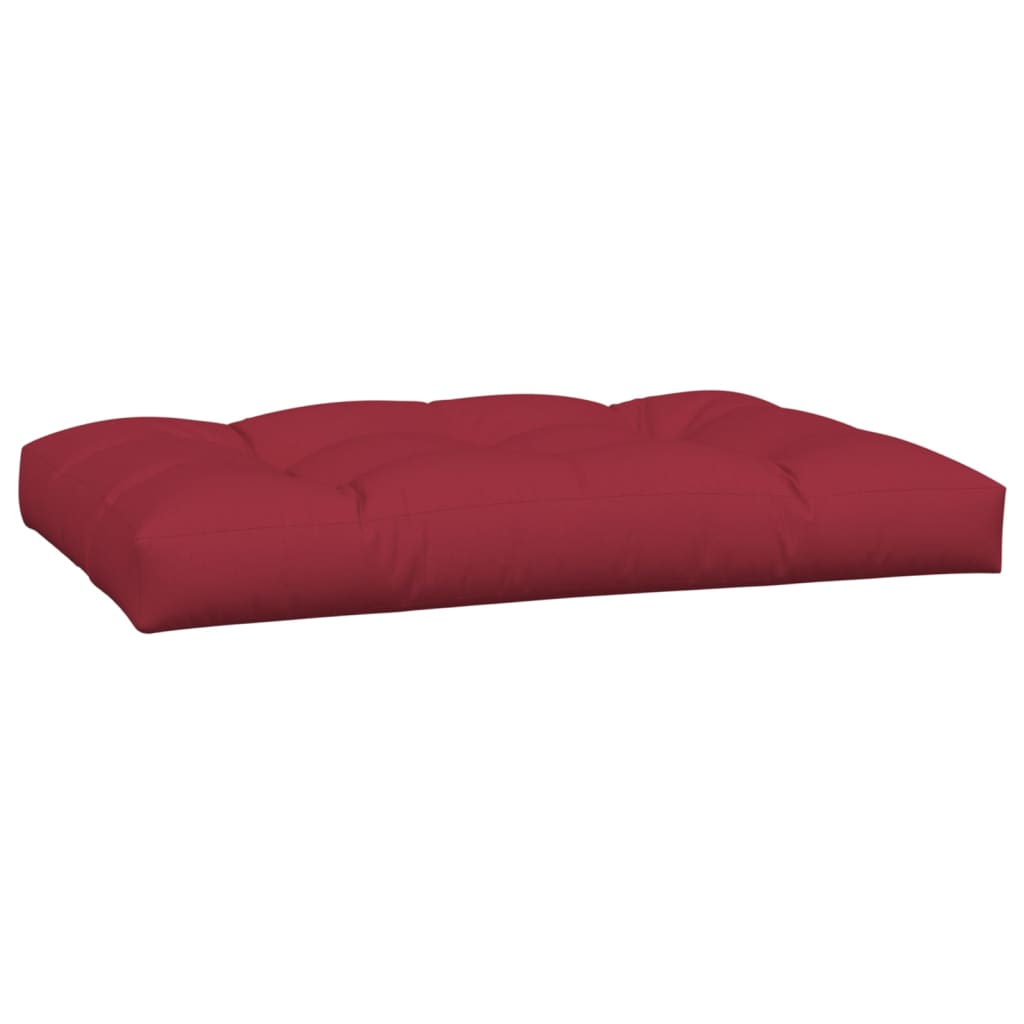 Three wine red polyester pallet cushions with soft filling for outdoor seating comfort.