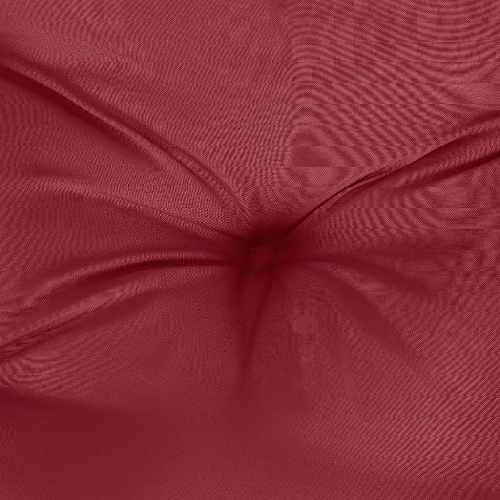 Three wine red polyester pallet cushions with soft filling for outdoor seating.