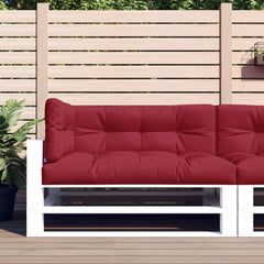 Three wine red polyester pallet cushions with soft filling, ideal for outdoor seating.