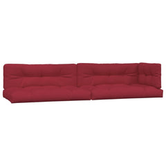 A five-piece set of wine red polyester pallet cushions is shown.