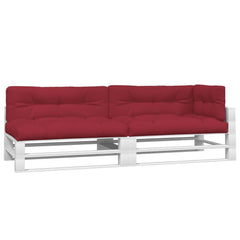 Wine red polyester pallet cushions set on a white pallet sofa.