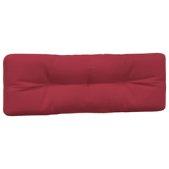 A rectangular, tufted wine red polyester pallet cushion is shown.