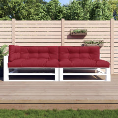 A set of five wine red polyester pallet cushions on a white pallet sofa.