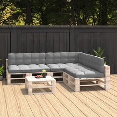 Gray 7-piece fabric cushion set on a pallet sofa with cushions, on a wooden deck.