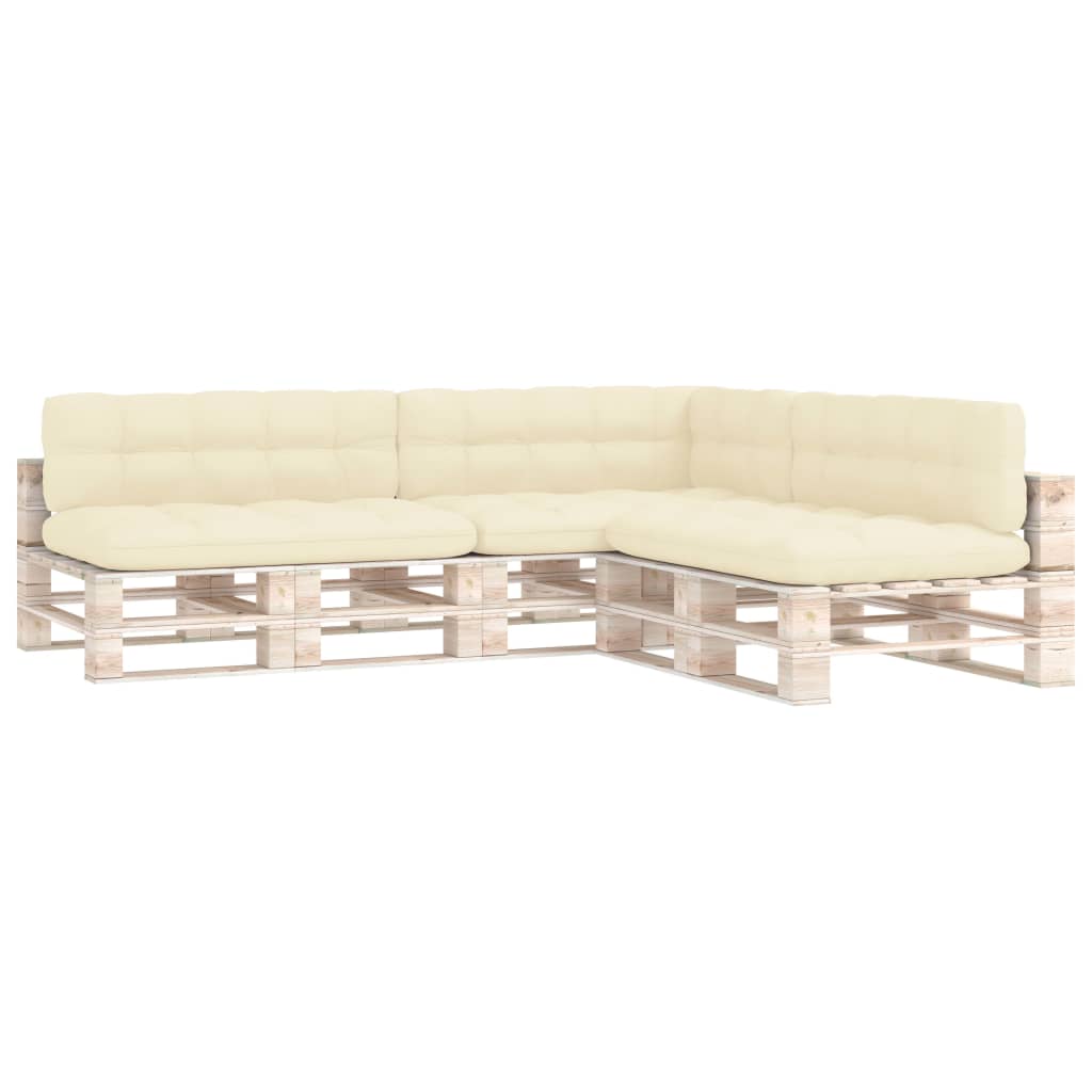 Cream fabric pallet sofa cushion set with 7 pieces in neutral hue.