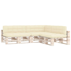 Cream fabric pallet sofa cushion set with 7 pieces in neutral hue.