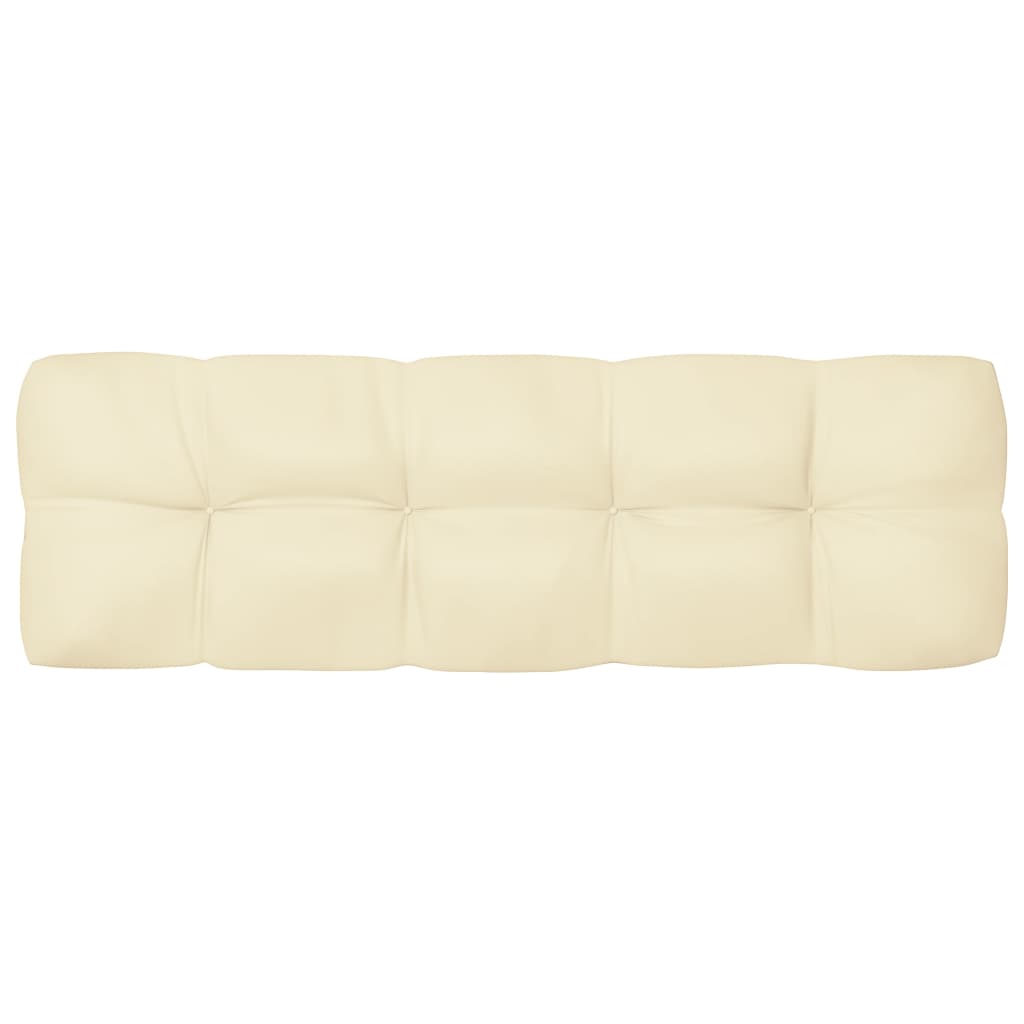 Cream fabric pallet sofa cushions set with seven thick, tufted pieces for outdoor use.
