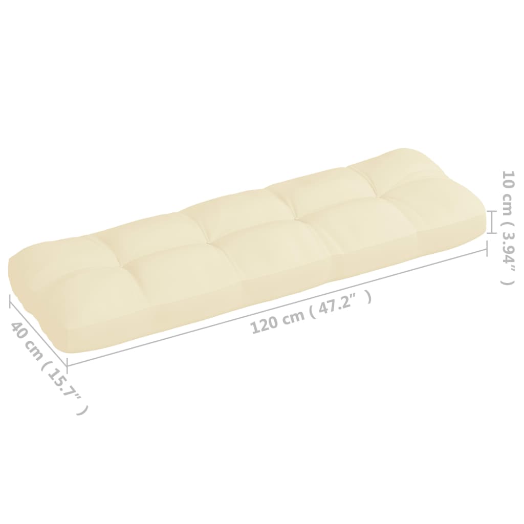 Cream fabric pallet sofa cushions set with 7 pieces, shown in dimensions.