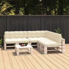 Cream fabric pallet sofa cushions set with 7 pieces in neutral hue.