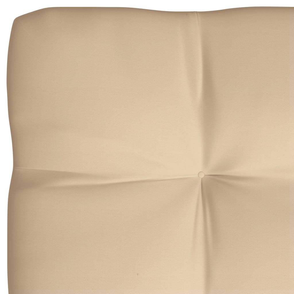 A close-up of a beige fabric cushion with a tufted button in the center.