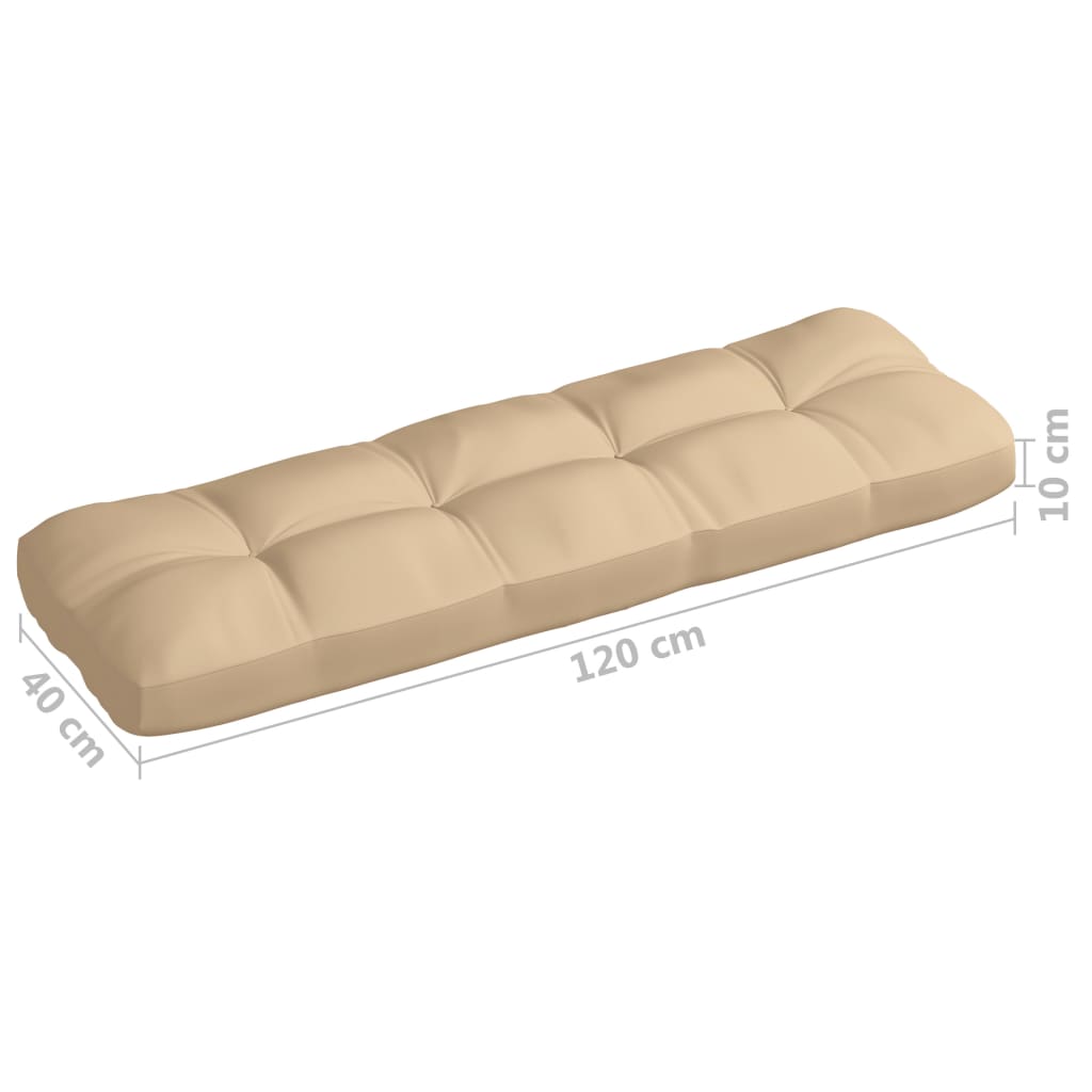 Beige fabric pallet sofa cushions set with 7 pieces, measuring 120 cm by 40 cm by 10 cm.