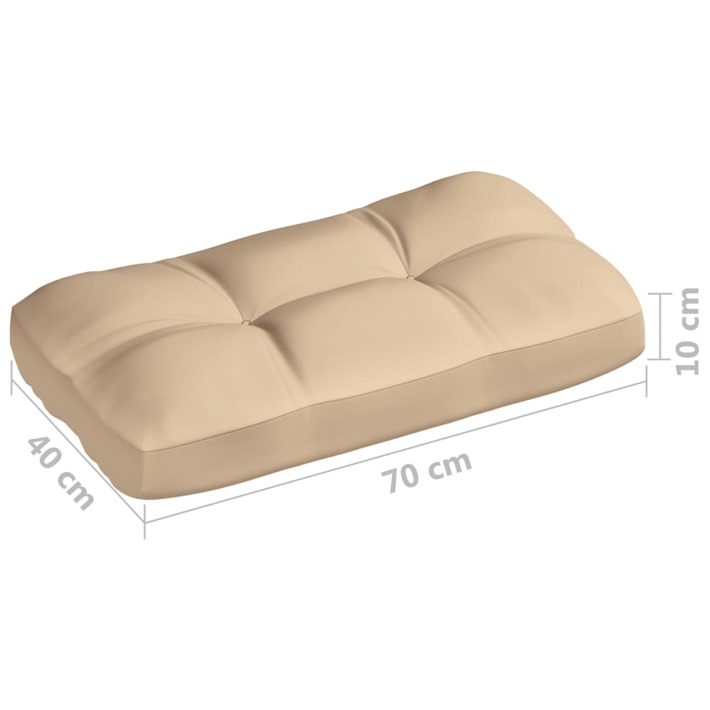 Beige fabric pallet cushion measuring 70 cm long, 40 cm wide, and 10 cm high.