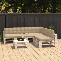 Beige fabric pallet sofa cushions set with 7 pieces on a wooden outdoor sofa.