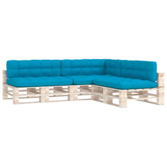 Blue fabric cushions set with tufted design for pallet sofa, includes seven pieces.