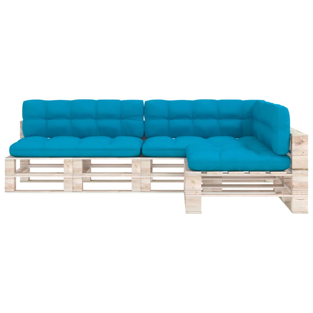 Blue fabric 7-piece cushion set for pallet sofa, including seats, backs, and corner.