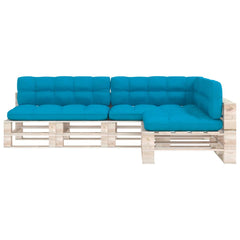 Blue fabric 7-piece cushion set for pallet sofa, including seats, backs, and corner.